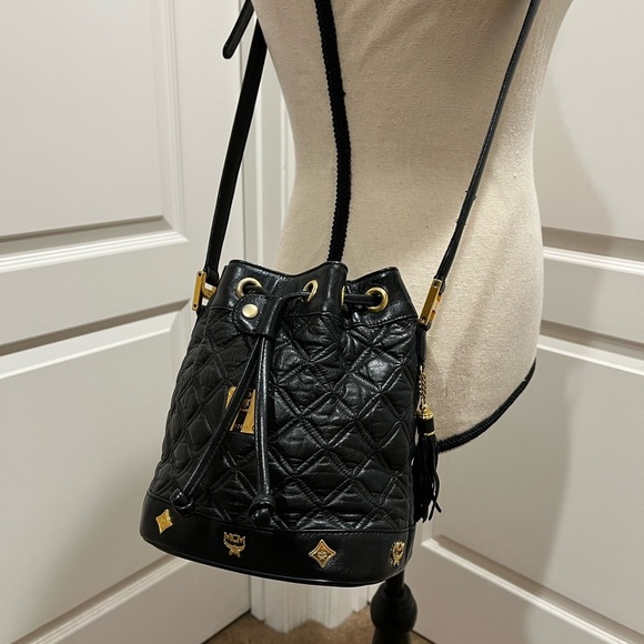 MCM VINTAGE MINI DRAWSTRING BUCKET BLACK LEATHER BAG - Picture 9 of 13
